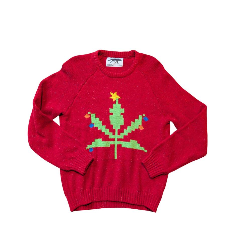 Character Hero Men’s Weed Pot Leaf Christmas Tree Sweater Speckled Red Size M